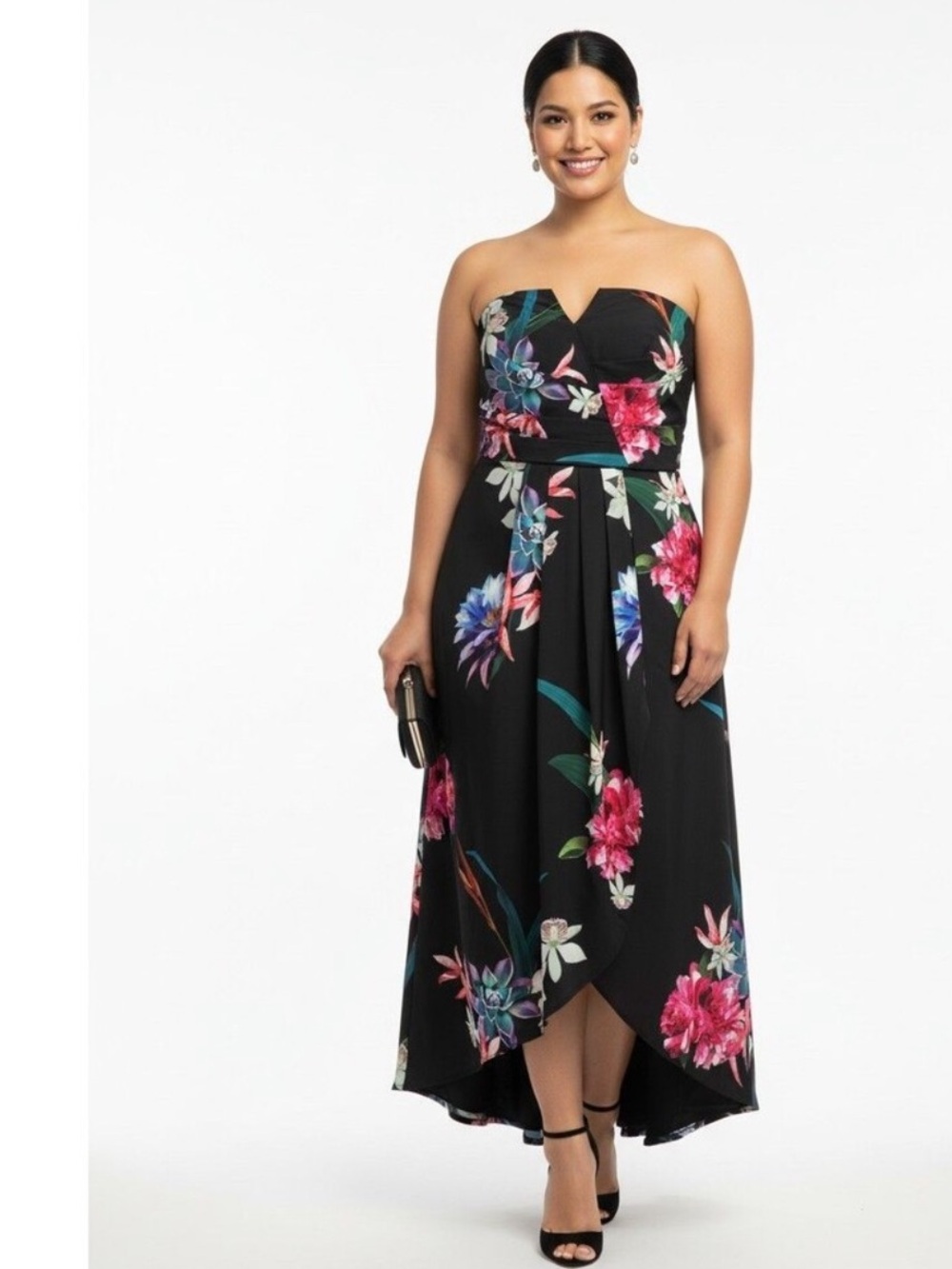 NWT City Chic Boho Black Floral Strapless Hi Low Maxi Dress 16 Succulent Wrap